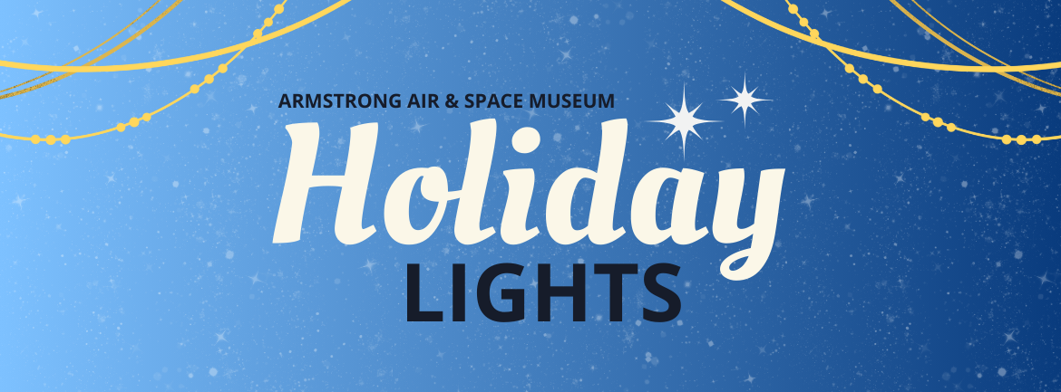 The logo for the Armstrong Museum Holiday Lights is blue and white.