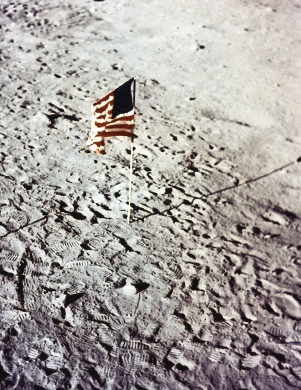 The American flag, planted on the moon's surface.