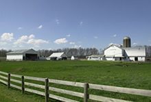 There is a wooden fence in the foreground and a farm in the background.
