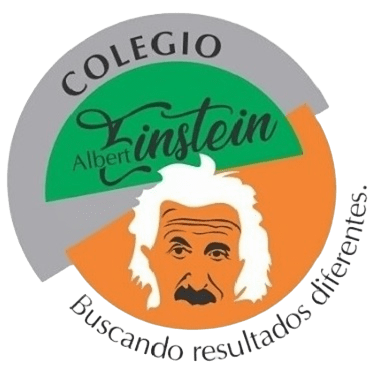 Un logotipo para el Colegio Albert Einstein con una imagen de Albert Einstein.