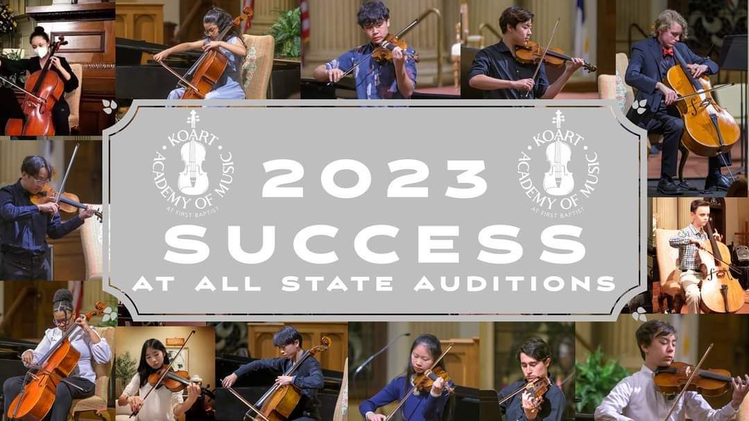 A collage of pictures of people playing violins and cello, with a banner that says