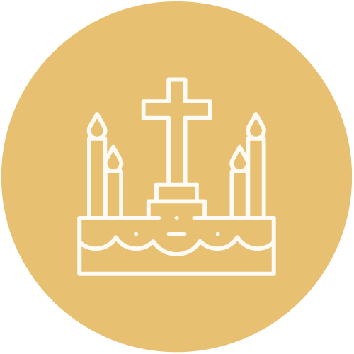 An icon of a cemetery with a cross and candles.