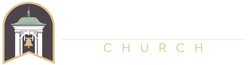 A logo for a church with a bell on top of it.