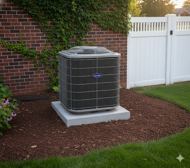 Air conditioner unit on a concrete pad surrounded by mulch near a brick wall and white fence.
