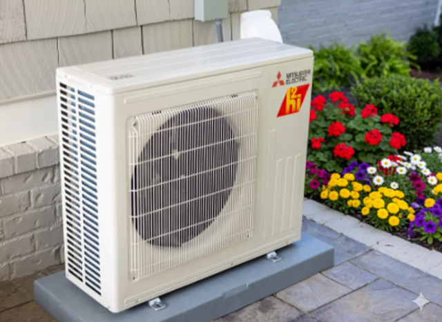 Mitsubishi HVAC unit outside a house, with a garden of colorful flowers in the background.