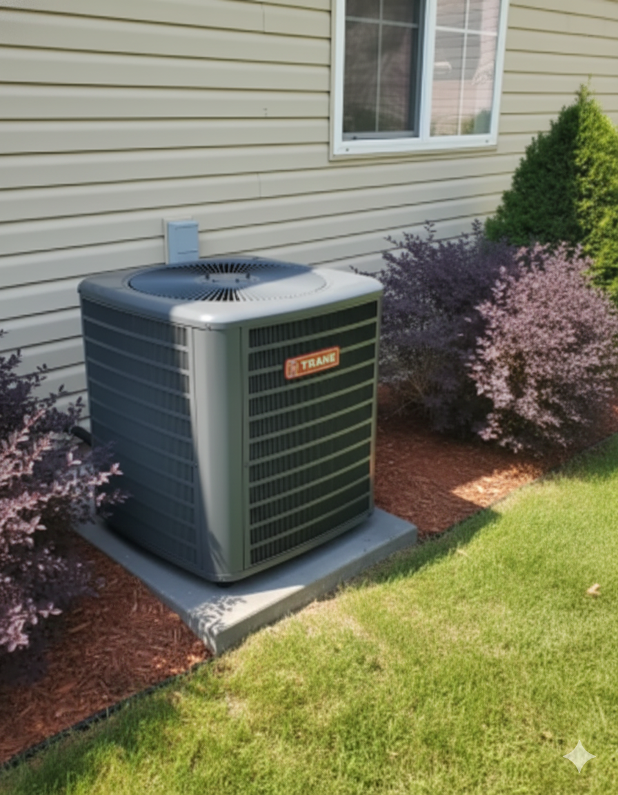 Gray Trane air conditioner unit outdoors next to house siding, surrounded by landscaping.