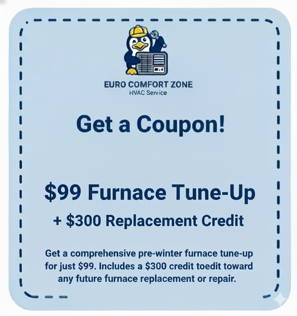 Coupon for $500 off HVAC or boiler replacement from Euro Comfort Zone, featuring a penguin with HVAC equipment.
