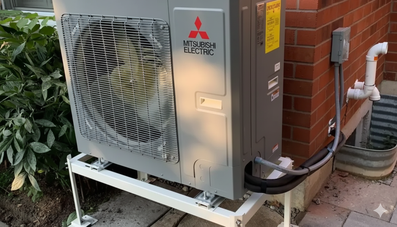 Mitsubishi Electric heat pump on a metal stand, next to a brick wall.