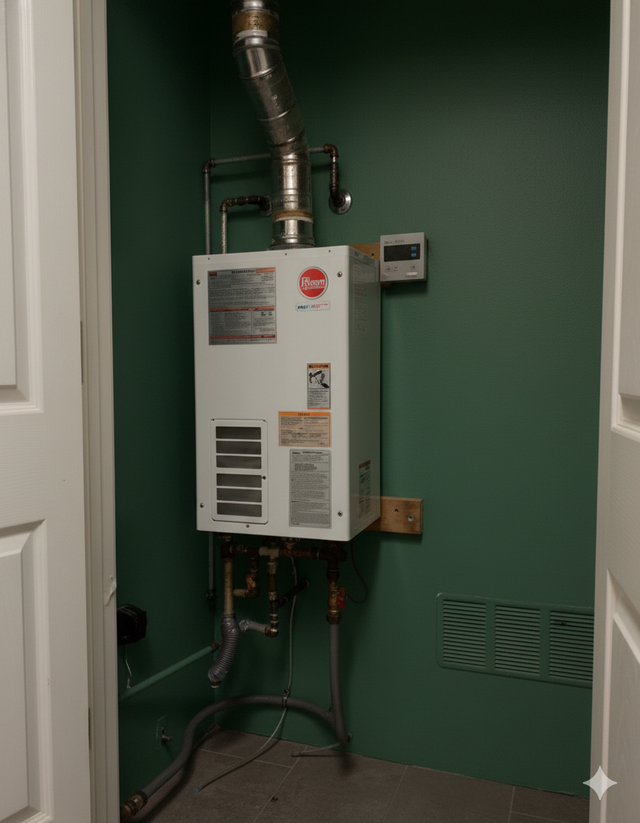 White Rheem tankless water heater in a green closet.