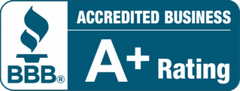 BBB Accredited Business with an A+ Rating badge. Blue and white colors.
