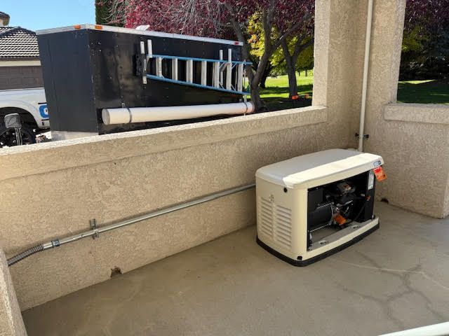 Generator on a concrete pad next to a house with a black box, ladder, and conduit.