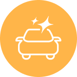 Shiny white car icon with starbursts on an orange background.