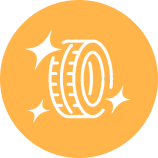 White tire icon with sparkle graphic on an orange circle.