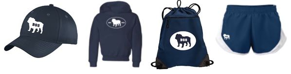 A baseball cap a hoodie a drawstring bag and shorts with a horse on them