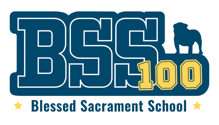 A blue and yellow logo for the blessed sacrament school