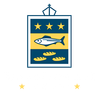A blue and yellow emblem with a fish and three stars