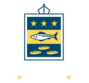 A blue and yellow emblem with a fish and three stars