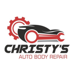 Christy's Auto Body Repair logo. A black and red car with a gear and wrench. Text: CHRISTY'S AUTO BODY REPAIR.