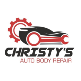 Christy's Auto Body Repair logo. A black and red car with a gear and wrench. Text: CHRISTY'S AUTO BODY REPAIR.