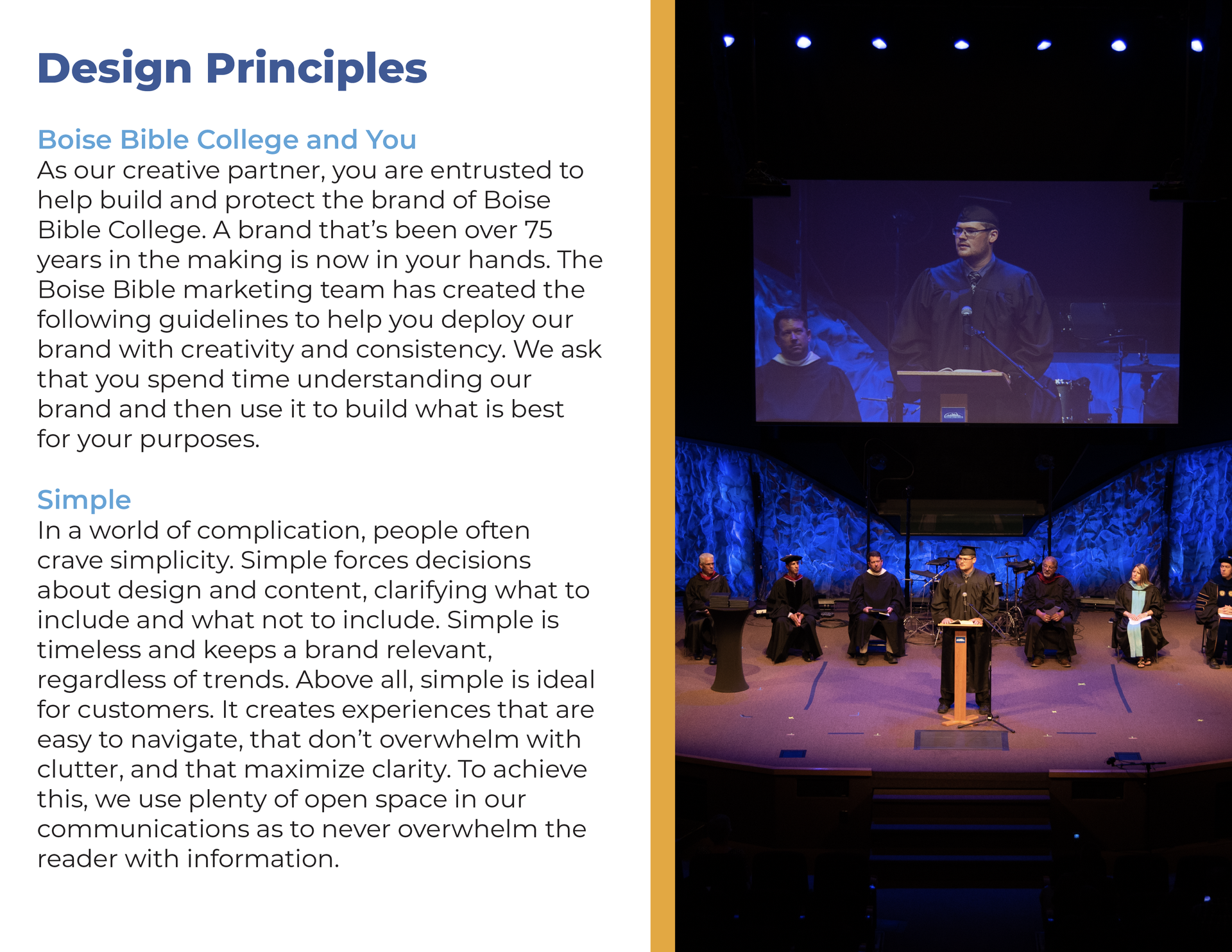 A man stands at a podium giving a speech in front of a screen that says design principles