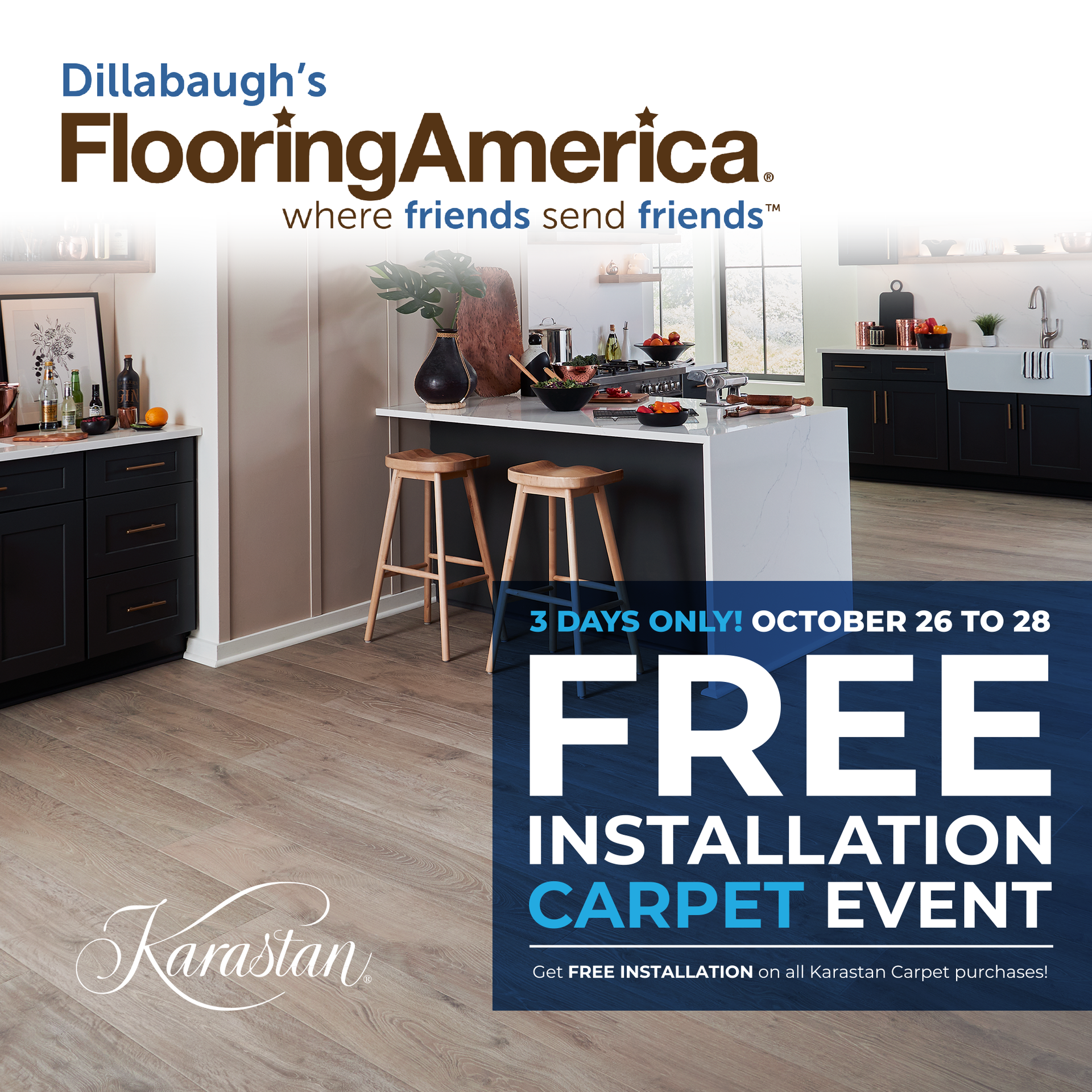 An advertisement for a free installation carpet event