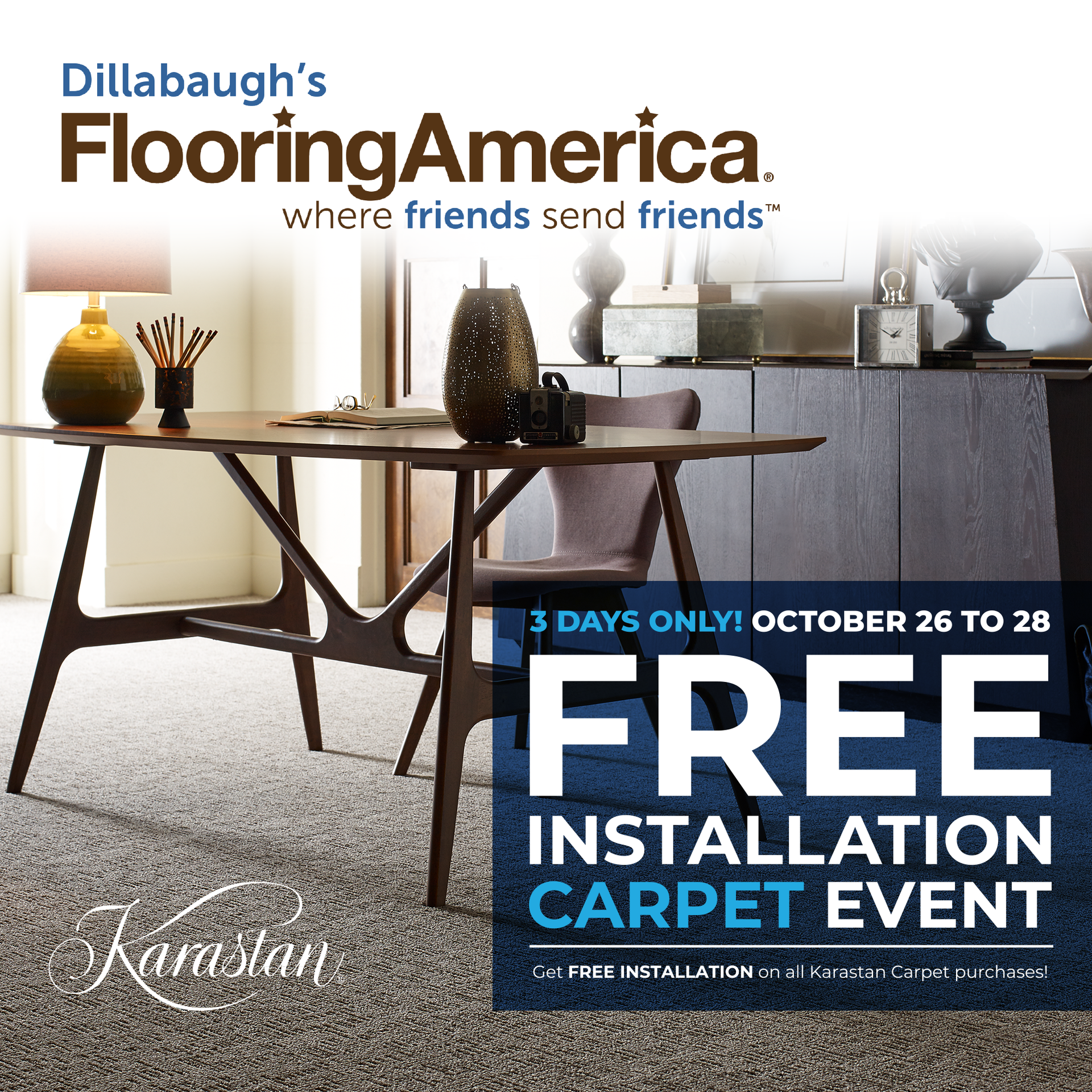 An advertisement for a free installation carpet event