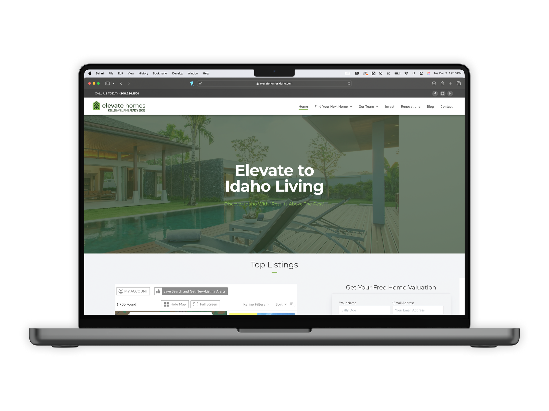 A laptop computer is open to a website that says `` elevate to idaho living ''.