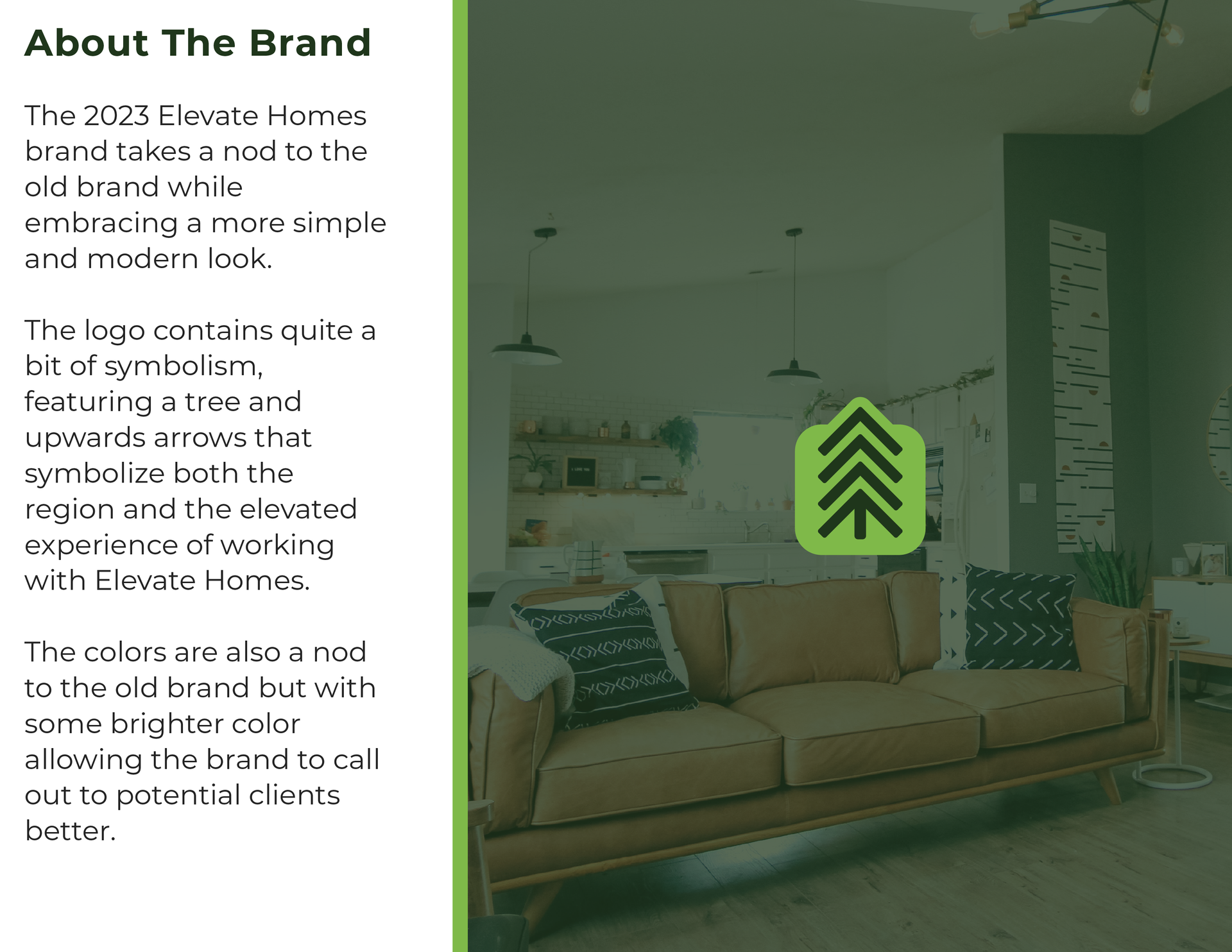 A couch in a living room with the words about the brand on the bottom