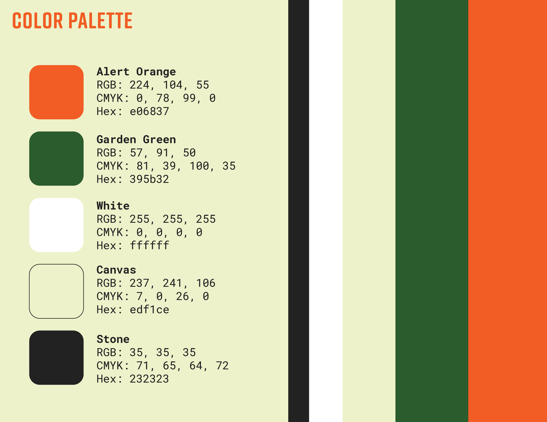 A color palette with three different shades of green and orange