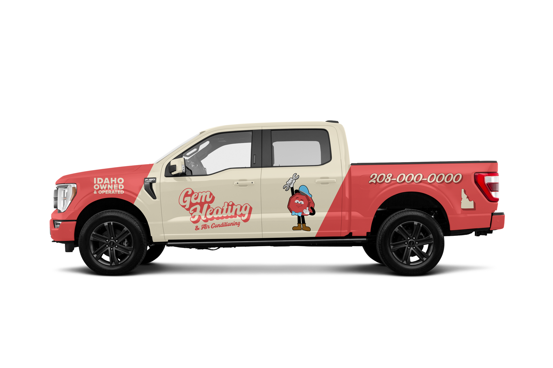 A red and white pickup truck with a cartoon character on the side.
