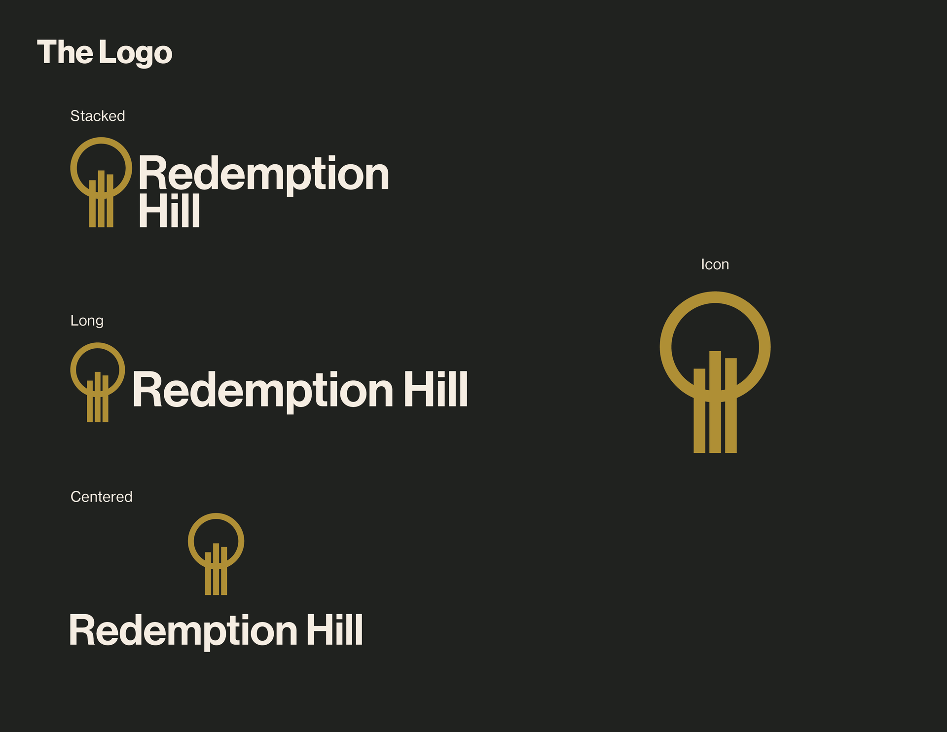 The logo for redemption hill is shown on a black background