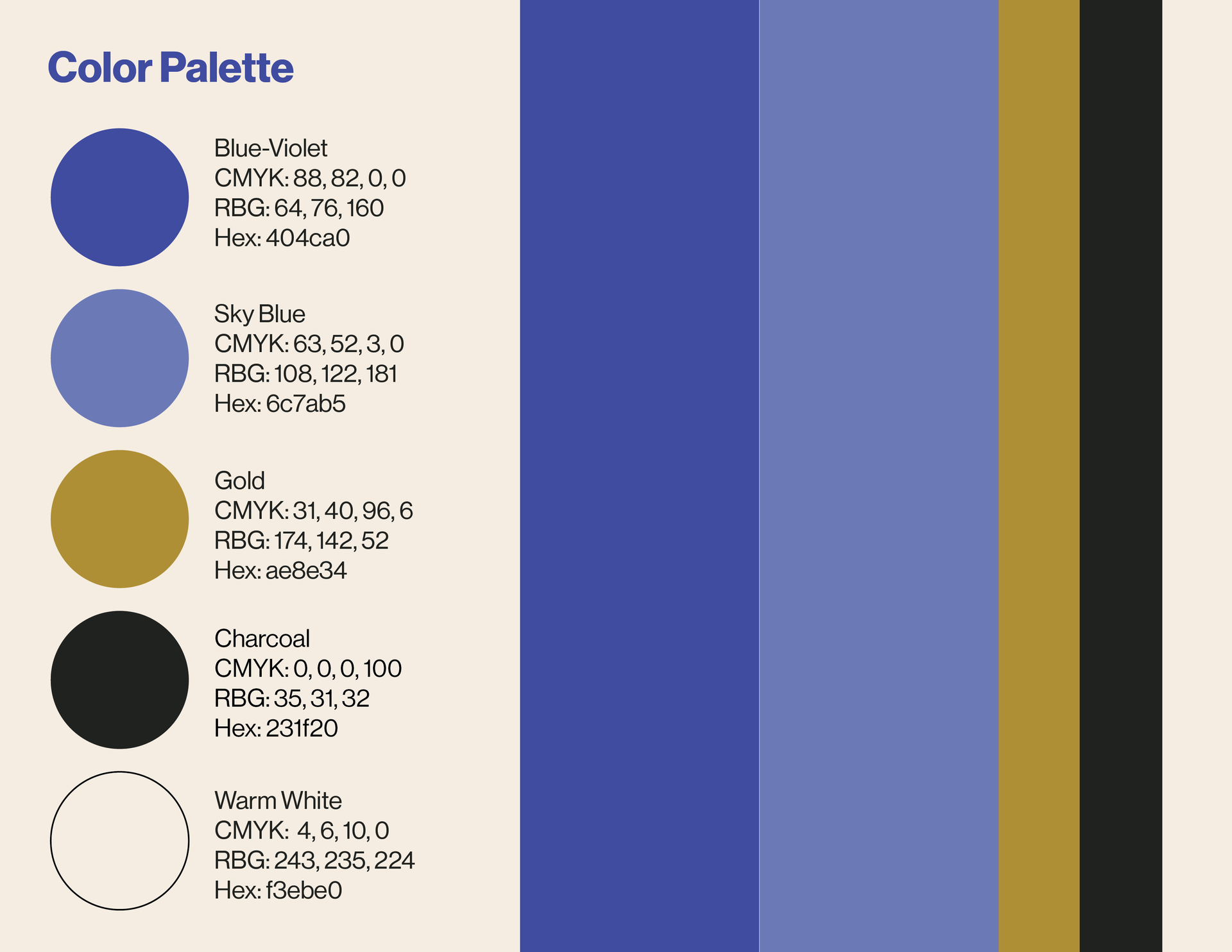 A color palette with four different shades of blue and gold