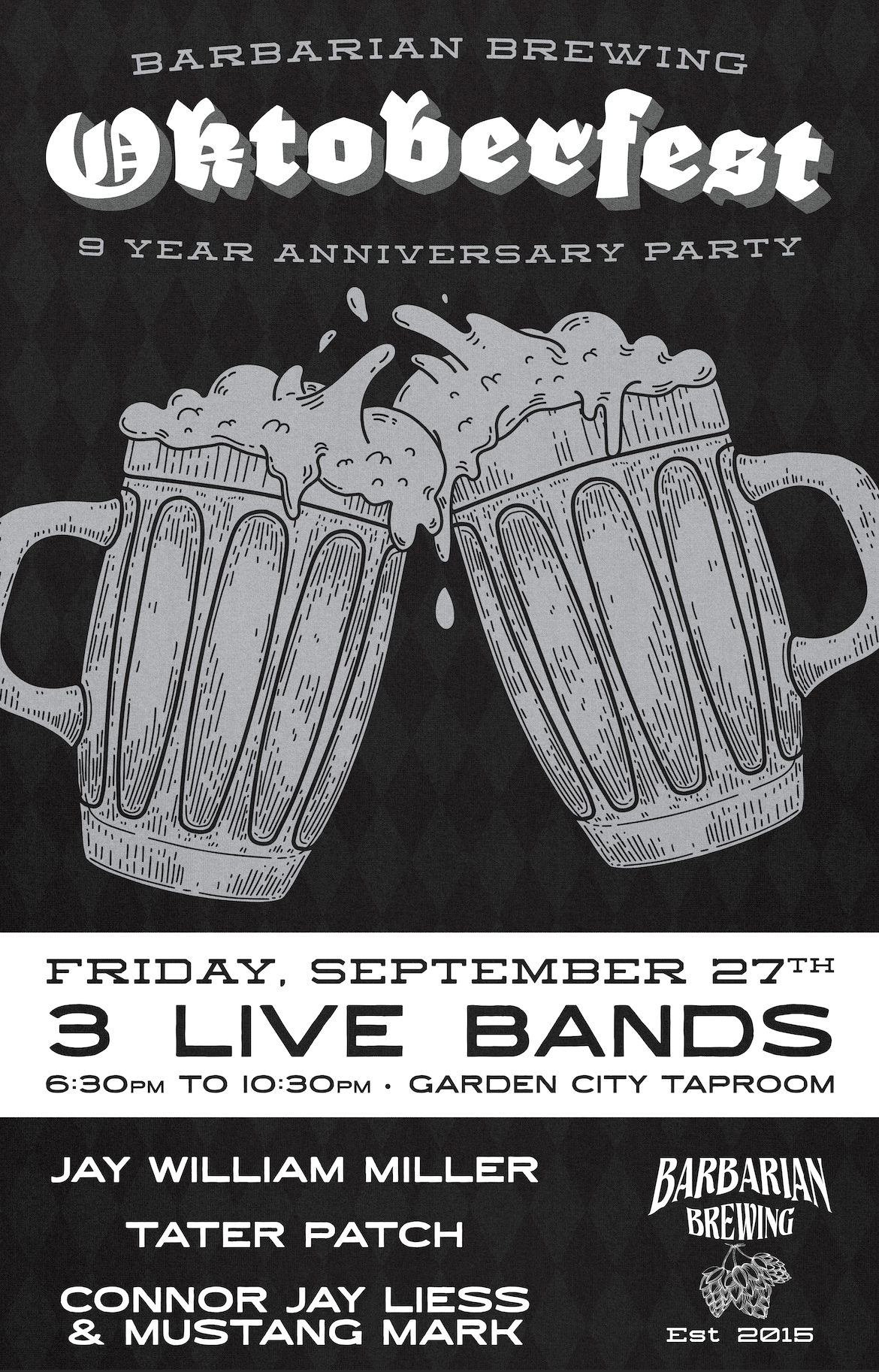 A black and white poster for barbarian brewing oktoberfest