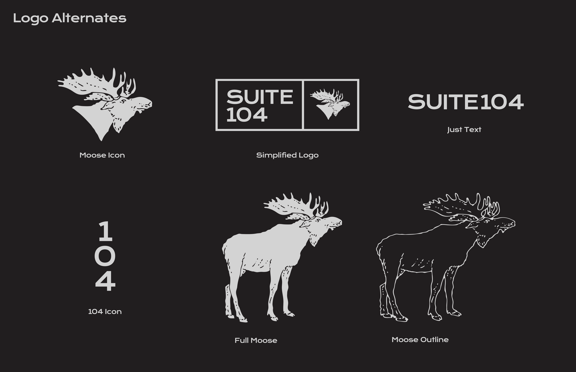 A moose is standing in front of a sign that says suite 104