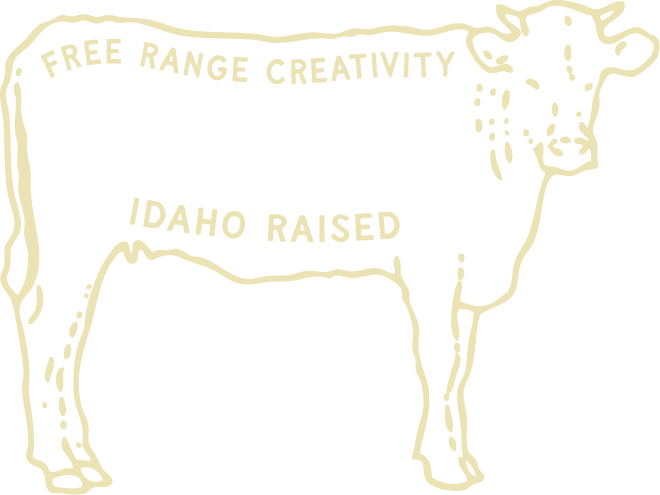 A drawing of a cow with the words `` free range creativity '' written on it.