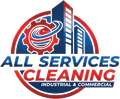 Logo for All Services Cleaning. Red and blue gear and buildings inside a red and blue circle with the words "ALL SERVICES CLEANING INDUSTRIAL & COMMERCIAL".
