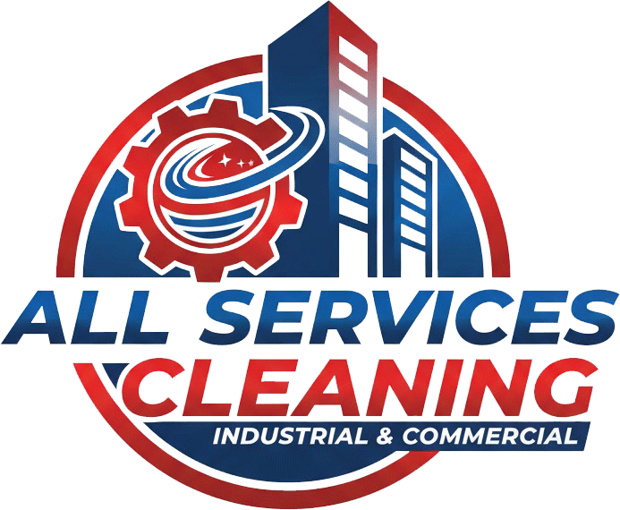 Logo for All Services Cleaning. Red and blue gear and buildings inside a red and blue circle with the words "ALL SERVICES CLEANING INDUSTRIAL & COMMERCIAL".