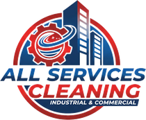 Logo for All Services Cleaning. Red and blue gear and buildings inside a red and blue circle with the words "ALL SERVICES CLEANING INDUSTRIAL & COMMERCIAL".
