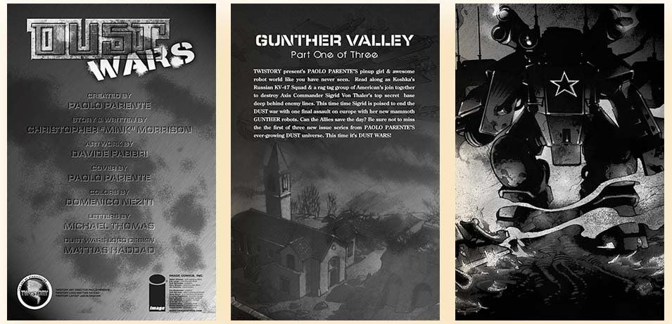 Three black and white posters for dust wars and gunther valley