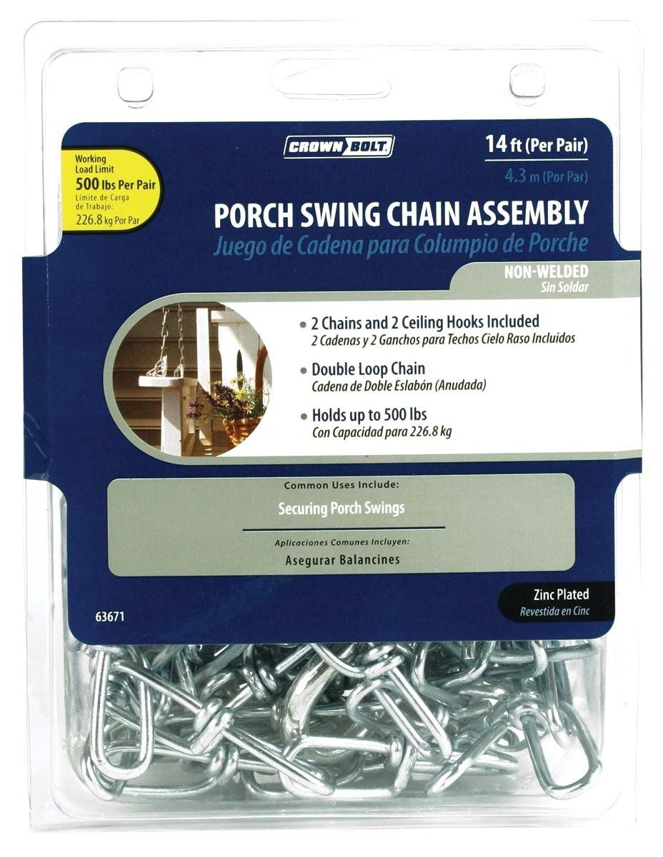A package of porch swing chain assembly is shown on a white background.