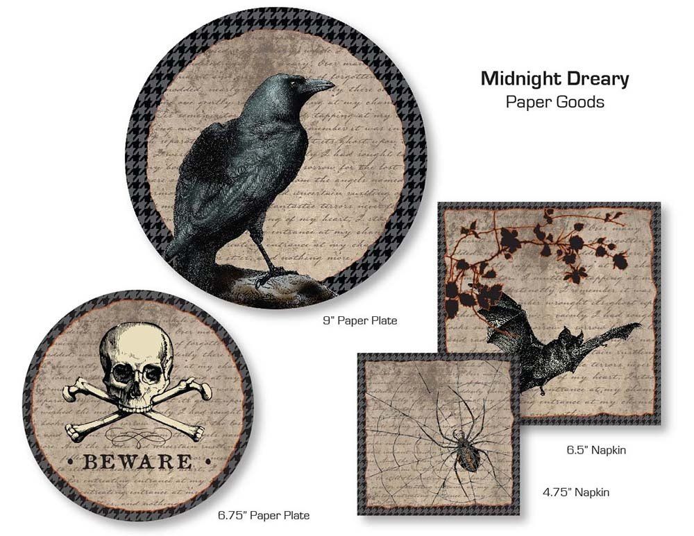 A set of paper goods with a crow , skull , bat and spider