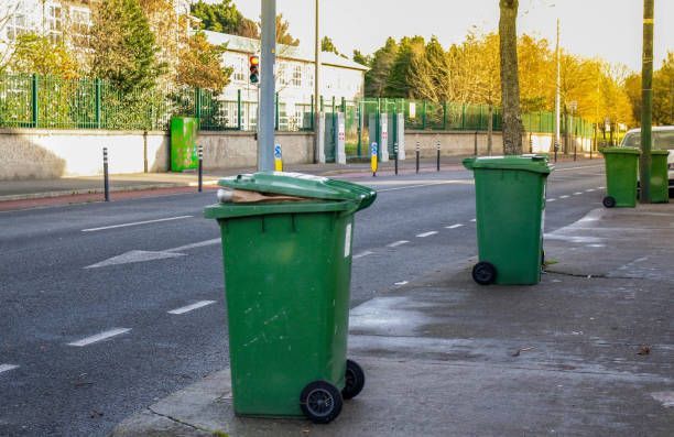 Two green trash cans are sitting on the side of the road.