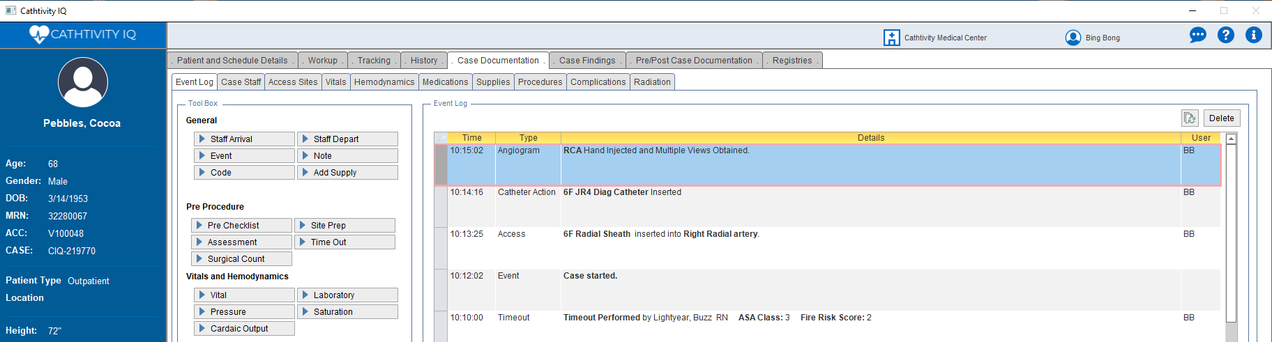 Screenshot of Cathtivity Patient Documentation