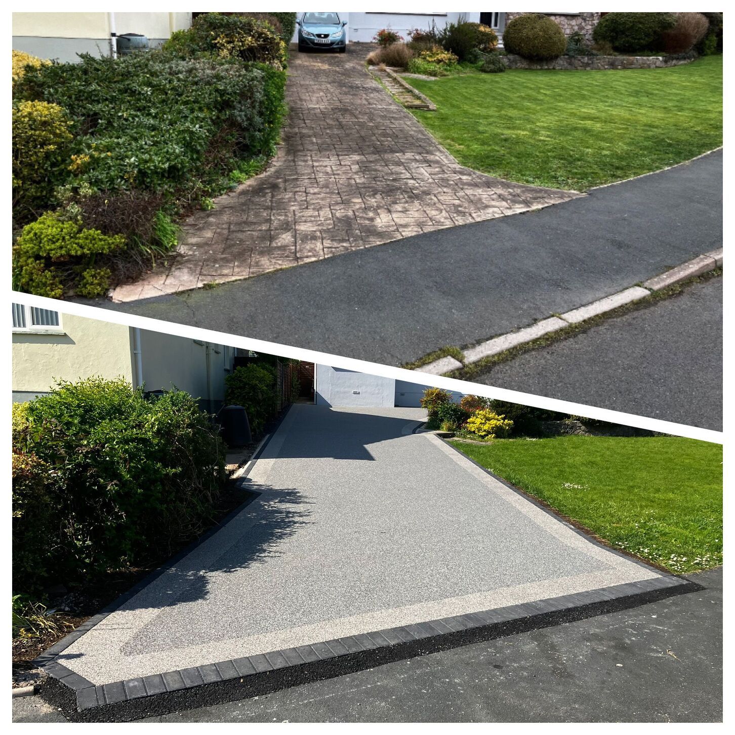 A before and after photo of a resin driveway, now a grey resin with a black bock paving border.