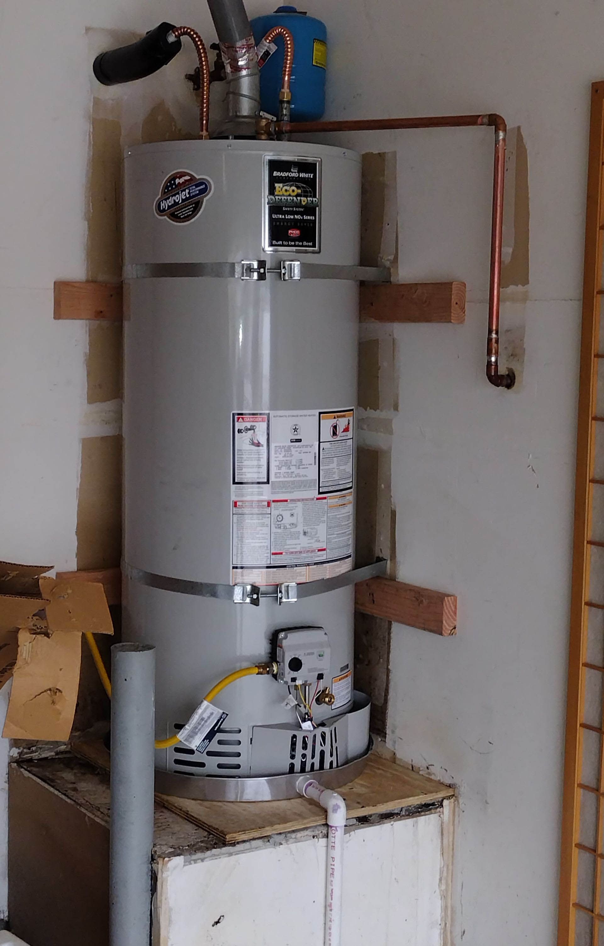 A water heater is sitting on top of a box in a room.