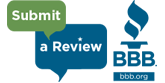 A logo for the better business bureau that says submit a review