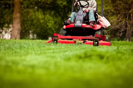 A man is riding a lawn mower on a lush green field.
