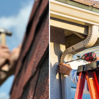 A man is holding a hammer next to a picture of a gutter being installed
