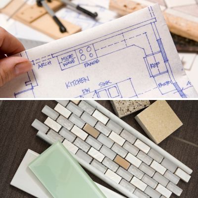 A person is holding a blueprint of a kitchen