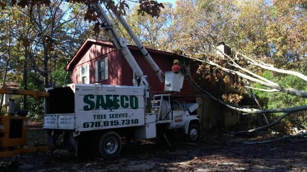 Tree service truck removing branches from a red-roofed building.